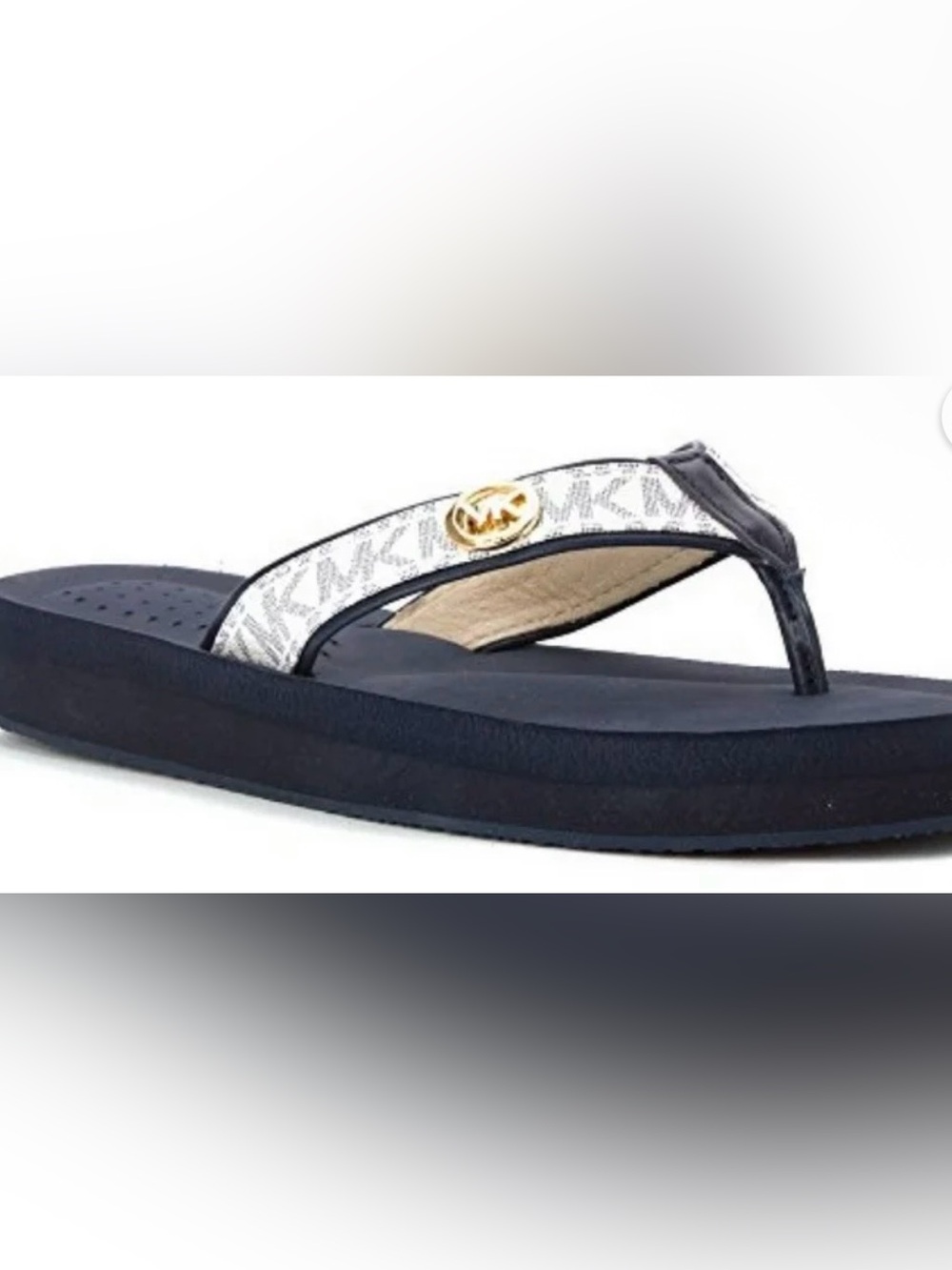 Michael Kors Navy and White Logo Thong Sandals with Gold Accent